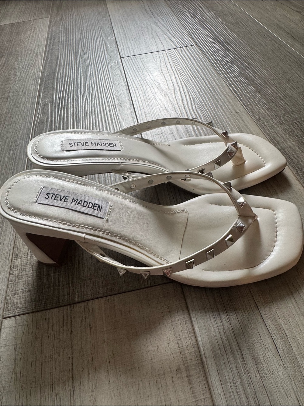 Steve Madden White Studded Mid Block Heel Sandals